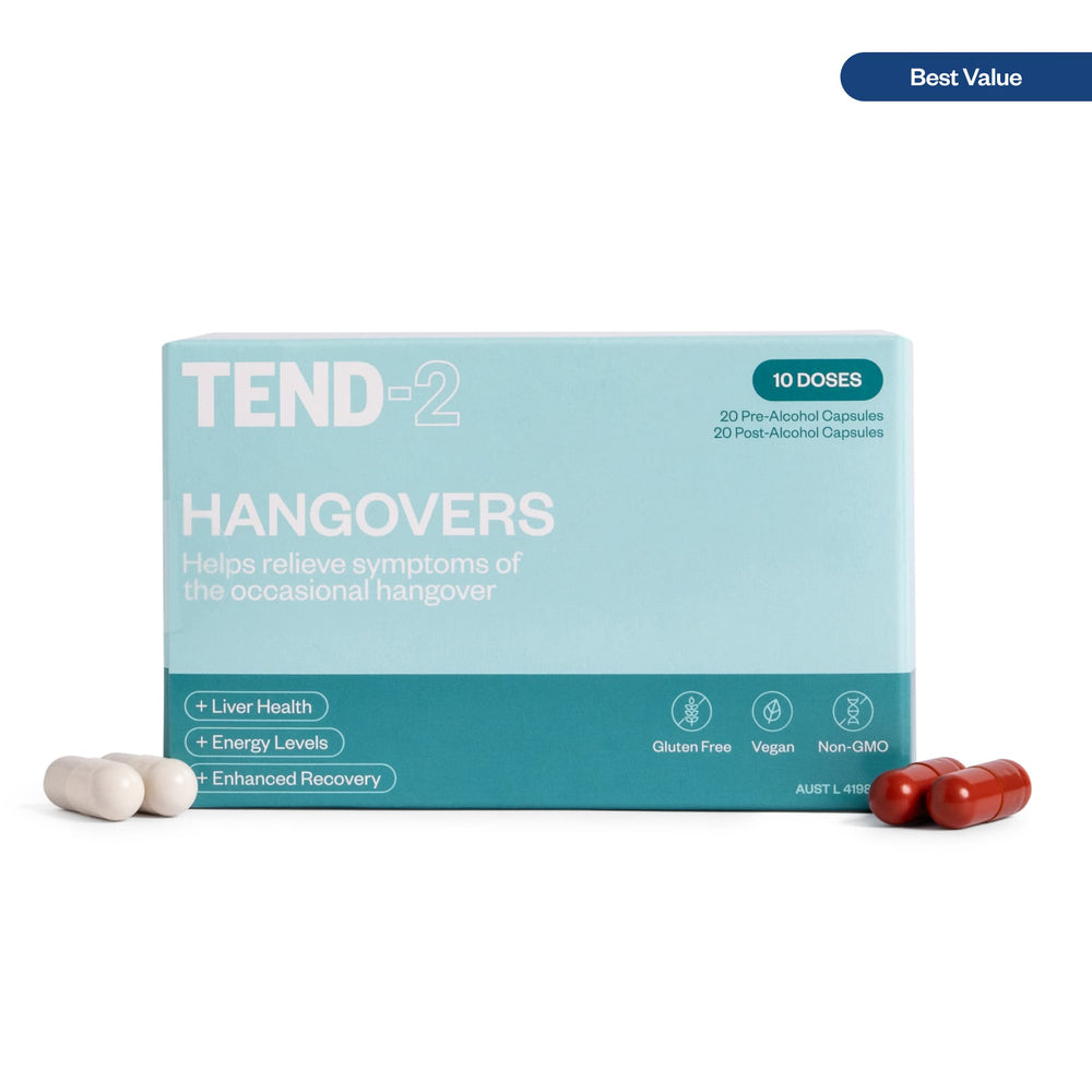 Tend-2 Hangover Kit 40-capsule box with white pre-drinking and red post-drinking capsules